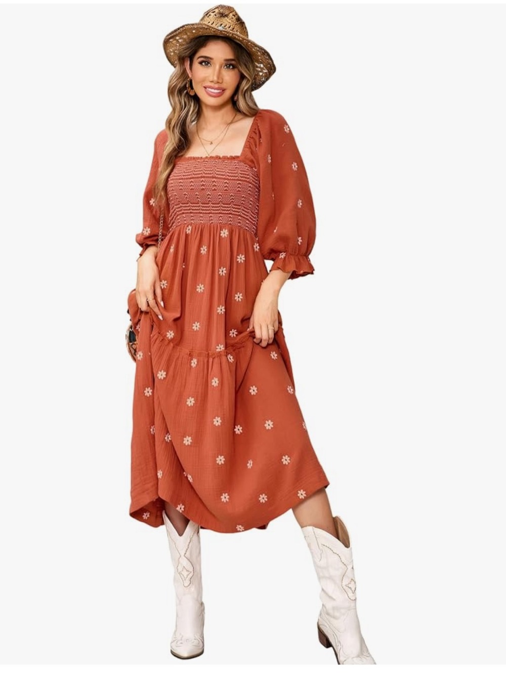 Amazon Rust Floral Bohemian Smocked Midi Dress